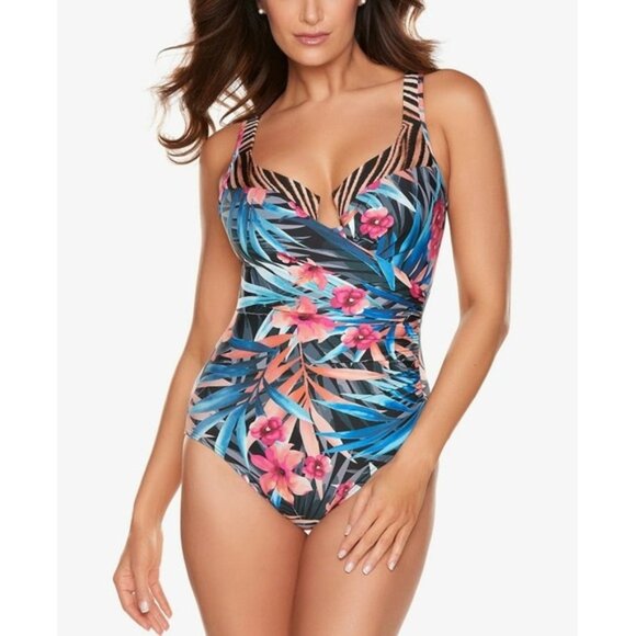 MIRACLESUIT Women's Coral Tropical Print Stretch Tummy - Picture 2 of 3